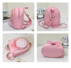 Detailed views of girls' pink lollipop sequin backpack showing straps and side profile