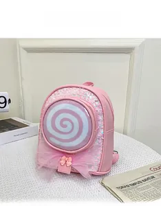 Detailed view of pink toddler backpack with lollipop design, sequins, and lace bow