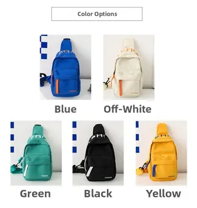 Nylon kids chest bag in blue, cream, green, black and yellow with fashion text