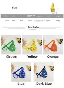 Size chart showing dinosaur chest bag dimensions and five available color variants