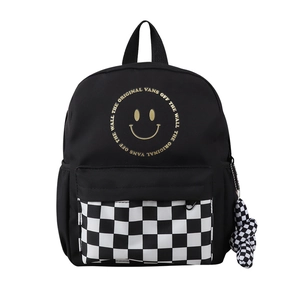Kids lightweight black canvas backpack with checkered pocket and yellow smiley face design