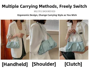 Ice blue pleated dumpling bag shown in three ways: handbag, shoulder bag, and clutch