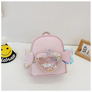 Pink sequin toddler backpack with wing details and heart-shaped glitter sand pocket