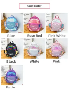 Detailed color selection of kids sequin heart backpacks in various glittery finishes