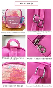 Detail view of pink sequin kids backpack with heart wings and metal hardware accessories