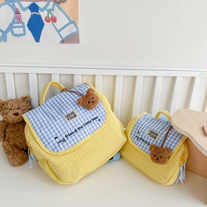 Sac À Dos Pour Enfants En Coton Matelassé Rabat À Carreaux Gingham Avec Breloque Ours Mignon Pour Garçons Filles Maternelle