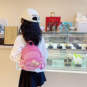 Pink glittery cartoon backpack for girls featuring sequin wings and a cute bow detail