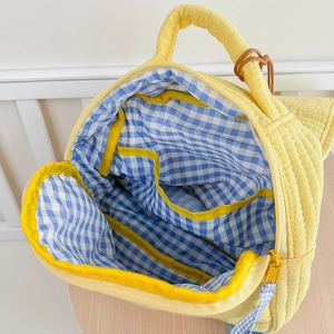 Sac à dos enfant matelassé jaune avec doublure à carreaux bleus et poches
