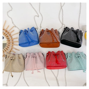 Mini rhinestone bucket bags with chain straps in seven vibrant colors for girls and moms