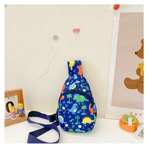 Detail of durable nylon fabric featuring colorful cartoon dinosaur prints on a kids' chest bag