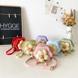 Kids Flower Crossbody Bag Mini PU Leather Shoulder Purse 3D Fabric Flower Decor Cute Toddler Girl Accessory Coin Purse