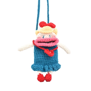 Handmade crochet cartoon girl crossbody bag with vibrant blue and pink knitted textures