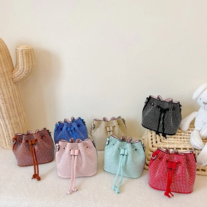 Girls Mini Bucket Bag Rhinestone Sparkly Bling Drawstring Metal Chain Strap Crossbody Shoulder Purse Fashion Handbag Gift