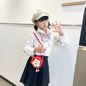 Girls cute red flower mini crossbody bag with stylish plaid shirt and pleated skirt set