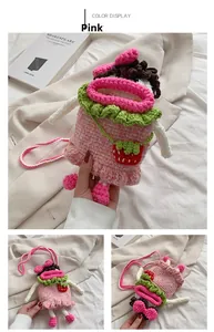 Détails de la maille du sac bandoulière poupée fraise rose tricoté pour filles