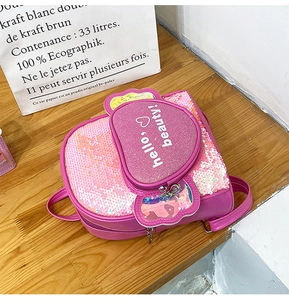 Detail of pink sequin backpack for girls featuring flip sequins and a glittery heart flap
