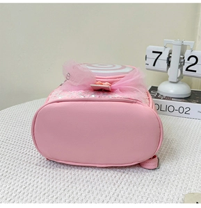 Detail view of pink sequin kids backpack base with high-quality PU leather stitching