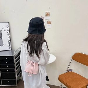 Girl's pink rhinestone drawstring bucket bag with silver metal chain shoulder strap