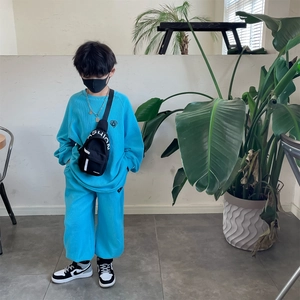 Kids sky blue waffle knit tracksuit set with sweatshirt and wide-leg joggers fashion
