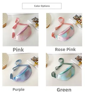 Close-up of four gradient colorful children's waist bags in various bright colors and textures