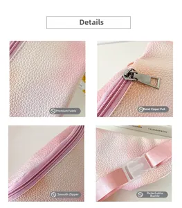 Detail of pink gradient PU leather texture with silver zipper and plastic buckle