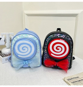 Close-up of glitter sequins and mesh bow detail on cute lollipop mini backpacks