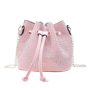 Pink rhinestone bucket bag for girls with drawstring closure and silver chain strap