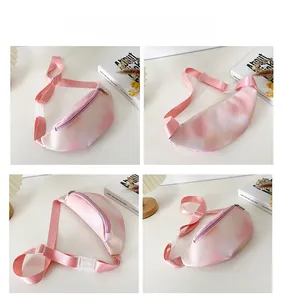 Detail view of pink gradient PU leather kids chest bag with adjustable nylon strap and buckle