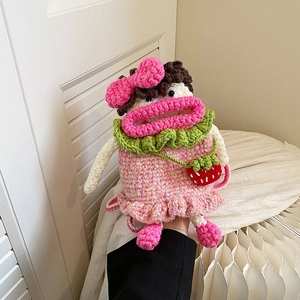 Sac À Bandoulière En Crochet Fait Main Pour Enfants Tricoté Crossbody Poupée Cartoon Rose Fraise Filles Accessoire