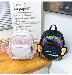 Detail of girls mini sequin backpacks featuring heart pockets and iridescent wings