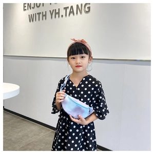 Detail of child wearing the colorful gradient PU leather crossbody chest bag in a cute style