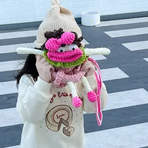 Sac à bandoulière rigolo en tricot pour filles avec grand motif de bouche et ruban rose