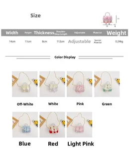 Size guide for girls' bow handbag showing dimensions 14x11x8cm and adjustable strap detail