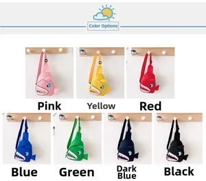 Collage of seven colorful canvas shark bags for kids with adjustable shoulder straps