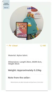 Detail of green cartoon duck nylon backpack showing size 28x8x30cm and iPad comparison