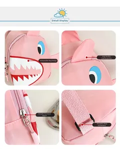 Detail shots of pink shark kids bag showing zipper, adjustable strap and embroidery
