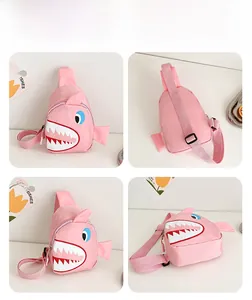 Detailed four-view display of the pink shark cartoon canvas chest bag for children