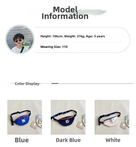 Detailed comparison of children's canvas waist bags in blue, dark blue, and white colors
