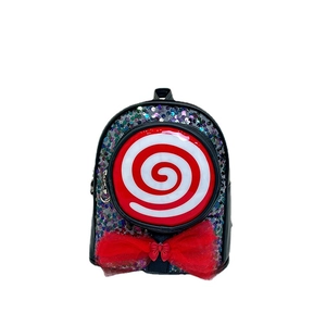Cute girls mini backpack with colorful sequins, lollipop design and large red bow tie