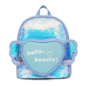 Kids heart sequins backpack with glitter wings decoration in light blue and white