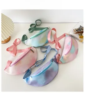 Detailed view of colorful marble pattern PU leather waist bags for kids with resin zippers