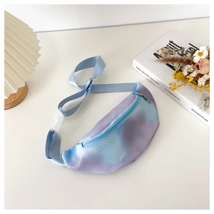 Detail of colorful gradient kids chest bag with litchi texture and blue strap