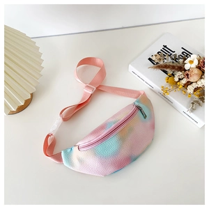 Detail of colorful gradient PU leather kids chest bag with adjustable strap and buckle