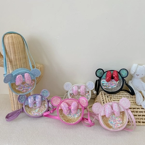 Sac À Bandoulière Enfant Dessin Animé Oreilles De Souris Nœud Papillon Paillettes Scintillantes Sac Rond Pour Petites Filles Cuir PU