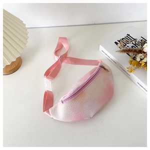 Close-up of pink gradient lychee texture PU leather chest bag for kids with silver zipper