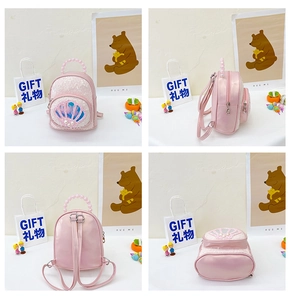Detail of pink sequin kids backpack with shell pearl decor and beaded handle