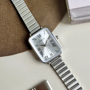 Macro view of rectangular watch with silver sunray dial and expansion link metal band