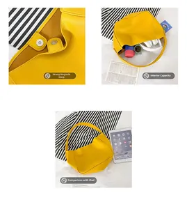Detail view of yellow crossbody bag showing magnetic closure and interior storage space