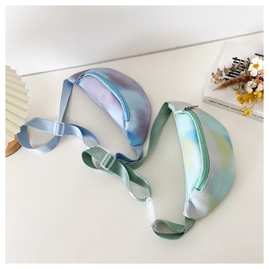 Close-up of colorful gradient PU leather kids chest bags with adjustable straps