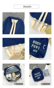 Detailed interior views of denim kids backpack showing capacity for tablets and straps
